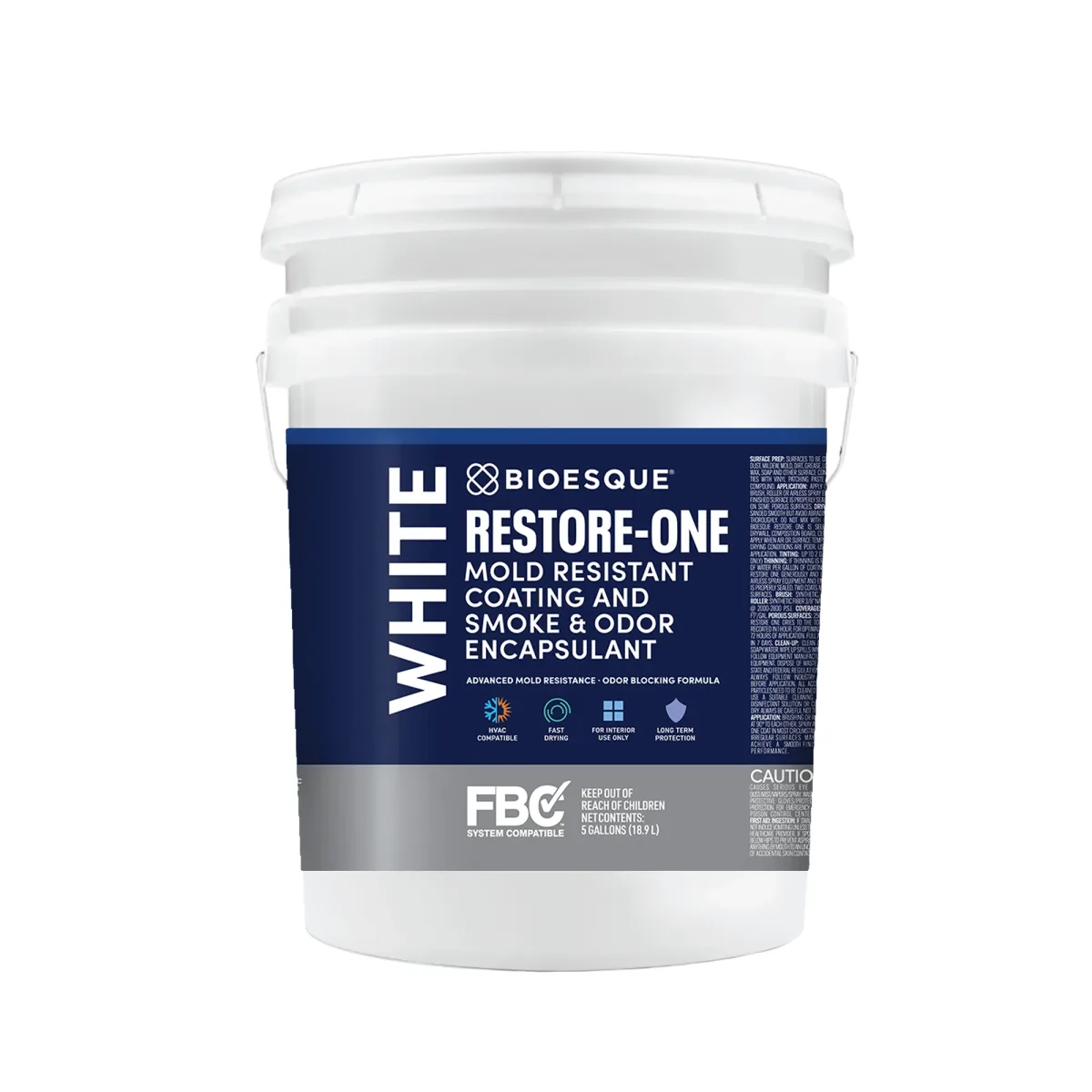11015 BIOESQUE RESTORE ONE ENCAPSULANT, WHITE, FOR MOLD OR SMOKE & ODOR, 5-GALLON PAIL, #BROPW-5G