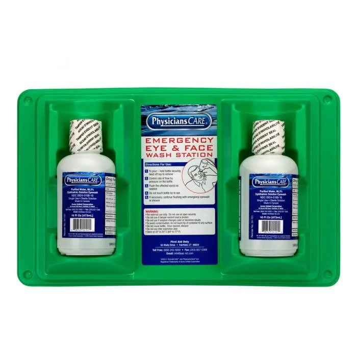 33117 PHYSICHANS CARE DOUBLE EYEWASH STATION, 2-16OZ BOTTLES, WALL MOUNT #24102001