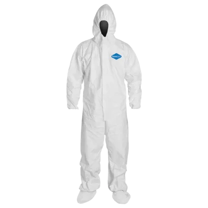 33301 MED WHITE MICROPOROUS FILM COVERALLS W/HOOD & BOOTS, ELASTIC WRIST, 25 PER CASE, ITEM 18122
