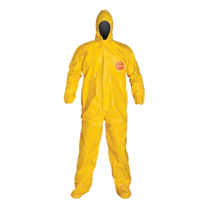 33313 QC122T2X TYCHEM 2000 MATERIAL COVERALL W/POLYETHYLENE BARRIER FILM FOR CHEMICAL PROTECTION, TAPED SEAMS, HOOD ELASTIC WRIST AND BOOTS, FRONT ZIPPER W/STORM FLAP, YELLOW, SZ 2X 25 PER CASE.