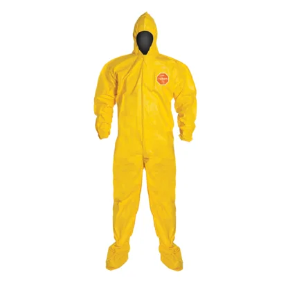 33315 QC122SM TYCHEM 2000 MATERIAL COVERALL W/POLYETHYLENE BARRIER FILM FOR CHEMICAL PROTECTION, SERGE SEAMS, HOOD ELASTIC WRIST AND BOOTS, FRONT ZIPPER W/STORM FLAP, YELLOW, SZ MD 25 PER CASE.