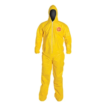 33318 QC122S2XL TYCHEM 2000 MATERIAL COVERALL W/POLYETHYLENE BARRIER FILM FOR CHEMICAL PROTECTION, SERGE SEAMS, HOOD ELASTIC WRIST AND BOOTS, FRONT ZIPPER W/STORM FLAP, YELLOW, SZ 2X 25 PER CASE.