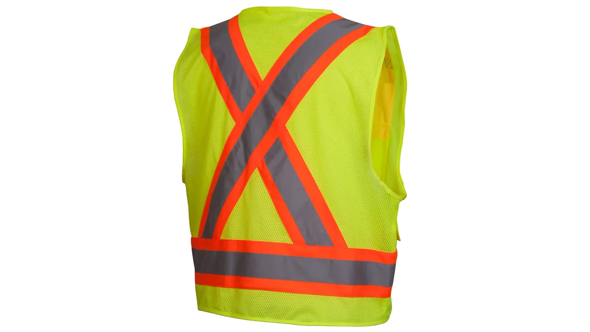33405 PYRAME# RCZ2420L SAFETY VEST, ANSI TYPE R, CLASS 2, HI-VIS ORANGE COLOR SOLID FRONT, MESH BACK, 2" SILVER REFLECTIVE W/LIME TRIM, ZIPPER CLOSE, 6-POCKETS,2-MIC LOOPS, SZ LG, view 3