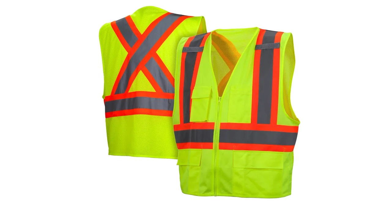 33405 PYRAME# RCZ2420L SAFETY VEST, ANSI TYPE R, CLASS 2, HI-VIS ORANGE COLOR SOLID FRONT, MESH BACK, 2" SILVER REFLECTIVE W/LIME TRIM, ZIPPER CLOSE, 6-POCKETS,2-MIC LOOPS, SZ LG, view 4