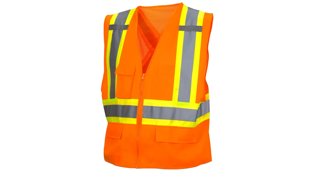 33407 PYRAME# RCZ2420X2 SAFETY VEST, ANSI TYPE R, CLASS 2, HI-VIS ORANGE COLOR SOLID FRONT, MESH BACK, 2" SILVER REFLECTIVE W/LIME TRIM, ZIPPER CLOSE, 6-POCKETS,2-MIC LOOPS, SZ 2X