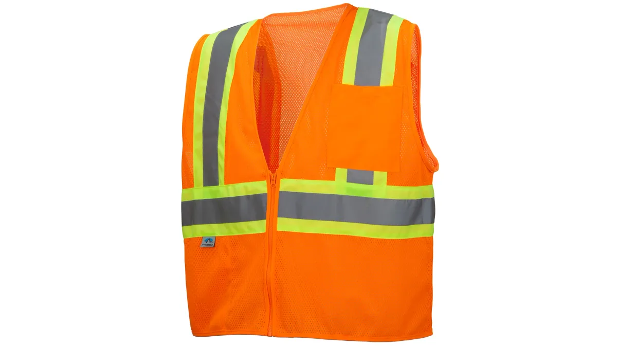 33408 PYRAME# RVZ2220XL SAFETY VEST, ANSI TYPE R, CLASS 2, HI-VIS ORANGE MESH, 2" SILVER REFLECTIVE W/LIME TRIM, ZIPPER CLOSE, 2-POCKETS, 1-OUTER,1-INNER SZ XL