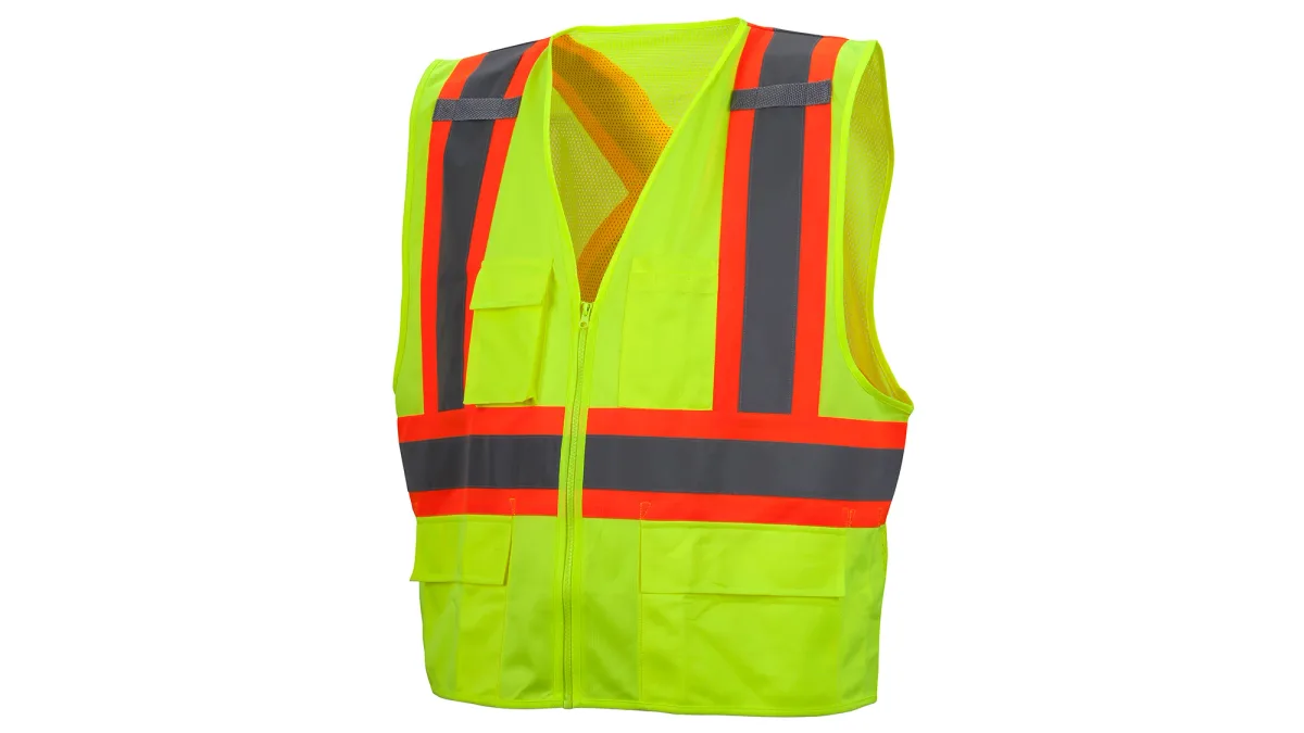 33411 PYRAME# RCZ2410XL SAFETY VEST, ANSI TYPE R, CLASS 2, HI-VIS LIME COLOR SOLID FRONT, MESH BACK, 2" SILVER REFLECTIVE W/ORANGE TRIM, ZIPPER CLOSE, 6-POCKETS,2-MIC LOOPS, SZ XL