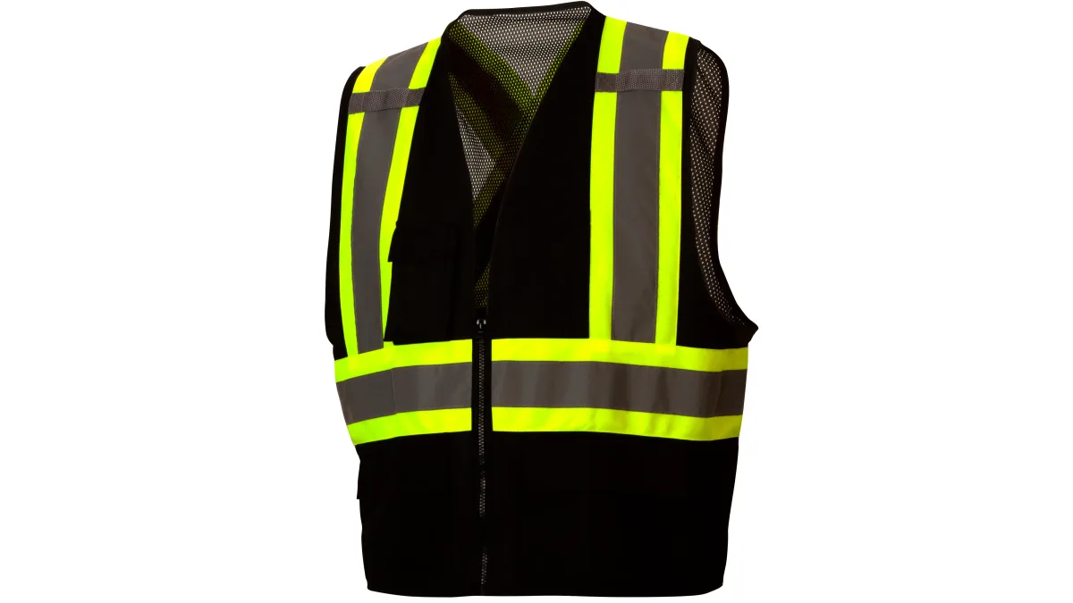 33412 PYRAME# RCZ2410X2 SAFETY VEST, ANSI TYPE R, CLASS 2, HI-VIS LIME COLOR SOLID FRONT, MESH BACK, 2" SILVER REFLECTIVE W/ORANGE TRIM, ZIPPER CLOSE, 6-POCKETS,2-MIC LOOPS, SZ 2X, view 5