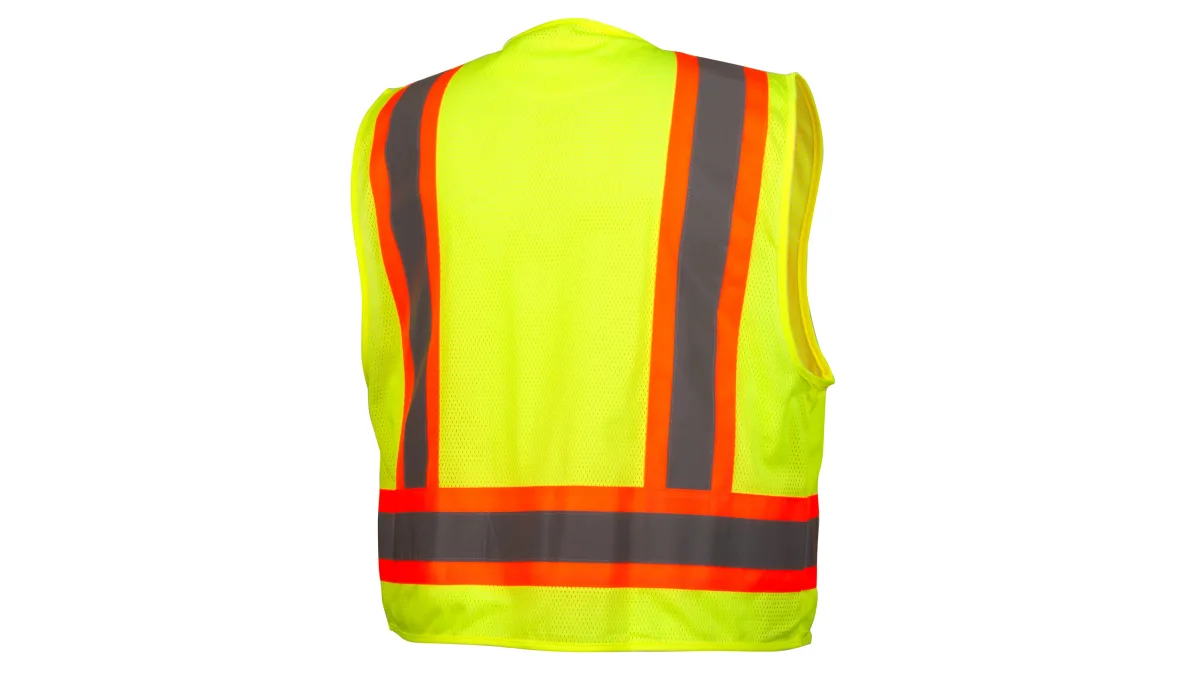 33414 PYRAMEX RVZ2410CPXL, SAFETY VEST HI-VIS POLYESTER,SURVEY SAFETY VEST ANSI/ ISEA 107-2020, LIME GREEN W/ 2" SILVER REFLECTIVE AND ORANGE TRIM, SOLID FRONT MESH BACK, 2 INNER AND 4 OUTER POCKETS, SIZE XL CLASS II, view 2