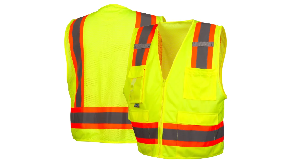 33414 PYRAMEX RVZ2410CPXL, SAFETY VEST HI-VIS POLYESTER,SURVEY SAFETY VEST ANSI/ ISEA 107-2020, LIME GREEN W/ 2" SILVER REFLECTIVE AND ORANGE TRIM, SOLID FRONT MESH BACK, 2 INNER AND 4 OUTER POCKETS, SIZE XL CLASS II, view 3