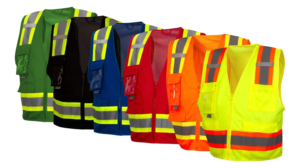 33414 PYRAMEX RVZ2410CPXL, SAFETY VEST HI-VIS POLYESTER,SURVEY SAFETY VEST ANSI/ ISEA 107-2020, LIME GREEN W/ 2" SILVER REFLECTIVE AND ORANGE TRIM, SOLID FRONT MESH BACK, 2 INNER AND 4 OUTER POCKETS, SIZE XL CLASS II, view 4