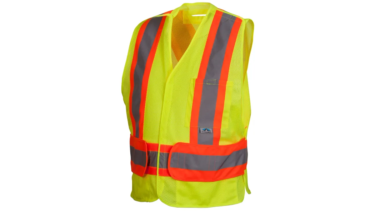33415 PYRAMEX # RCA2710SEM, SAFETY VEST HI-VIS POLYESTER, TREATED FOR SELF EXTINGUISHING, LIME GREEN W/ 2" SILVER REFLECTIVE AND ORANGE TRIM, 3-POCKETS, BREAK AWAY HOOK AND LOOP SHOULDERS, D-RING SLOT, SIZE MED.