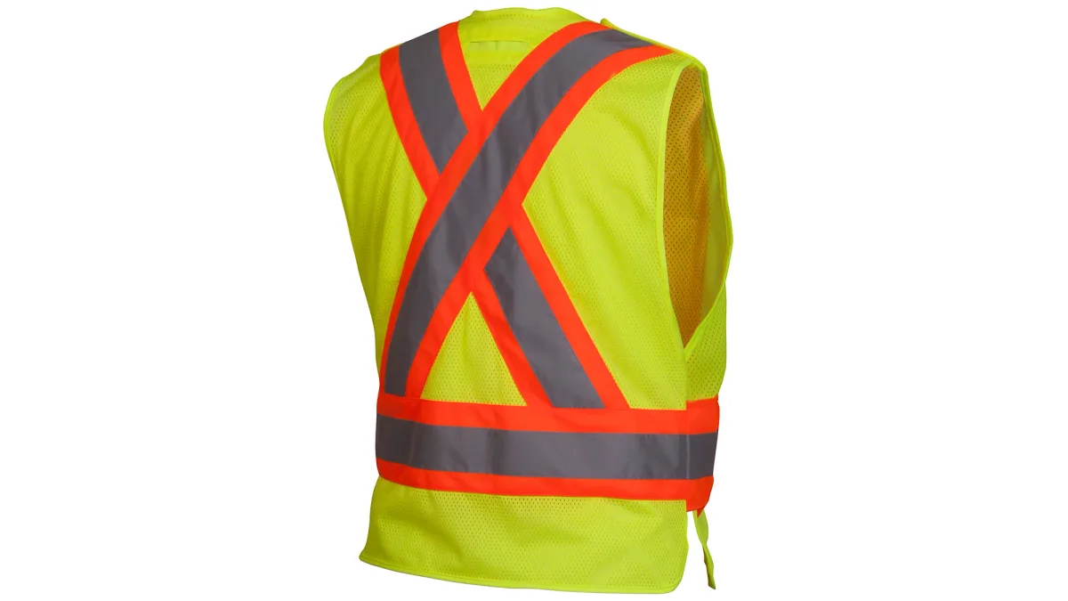 33415 PYRAMEX # RCA2710SEM, SAFETY VEST HI-VIS POLYESTER, TREATED FOR SELF EXTINGUISHING, LIME GREEN W/ 2" SILVER REFLECTIVE AND ORANGE TRIM, 3-POCKETS, BREAK AWAY HOOK AND LOOP SHOULDERS, D-RING SLOT, SIZE MED., view 2