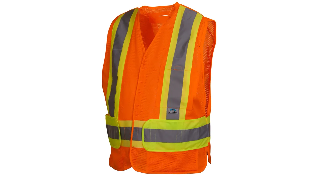 33415 PYRAMEX # RCA2710SEM, SAFETY VEST HI-VIS POLYESTER, TREATED FOR SELF EXTINGUISHING, LIME GREEN W/ 2" SILVER REFLECTIVE AND ORANGE TRIM, 3-POCKETS, BREAK AWAY HOOK AND LOOP SHOULDERS, D-RING SLOT, SIZE MED., view 4