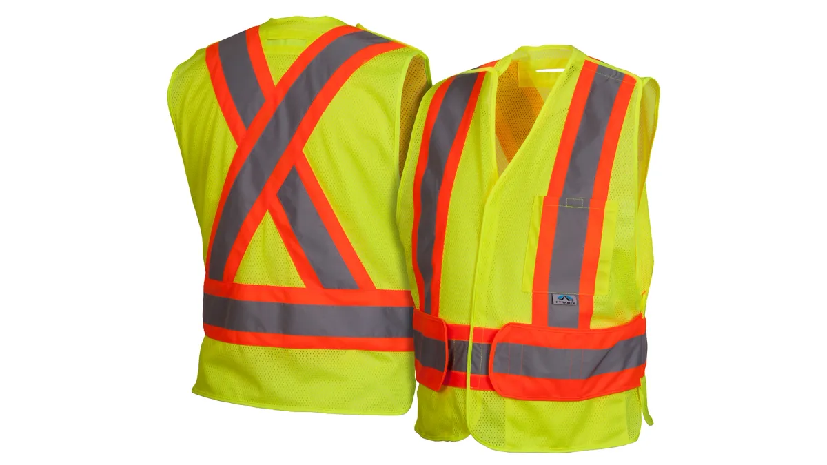 33417 PYRAMEX # RCA2710SEXL, SAFETY VEST HI-VIS POLYESTER, TREATED FOR SELF EXTINGUISHING, LIME GREEN W/ 2" SILVER REFLECTIVE AND ORANGE TRIM, 3-POCKETS, BREAK AWAY HOOK AND LOOP SHOULDERS, D-RING SLOT, SIZE XL, view 3