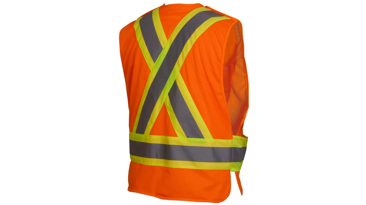 33418 PYRAMEX # RCA2710SEX2, SAFETY VEST HI-VIS POLYESTER, TREATED FOR SELF EXTINGUISHING, LIME GREEN W/ 2" SILVER REFLECTIVE AND ORANGE TRIM, 3-POCKETS, BREAK AWAY HOOK AND LOOP SHOULDERS, D-RING SLOT, SIZE 2X, view 5