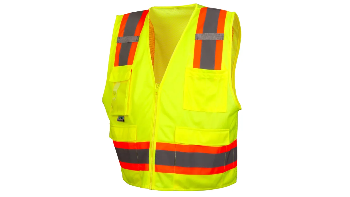 33419 PYRAMEX RVZ2410CP2X, SAFETY VEST HI-VIS POLYESTER,SURVEY SAFETY VEST ANSI/ ISEA 107-2020, LIME GREEN W/ 2" SILVER REFLECTIVE AND ORANGE TRIM, SOLID FRONT MESH BACK, 2 INNER AND 4 OUTER POCKETS, SIZE 2X CLASS II