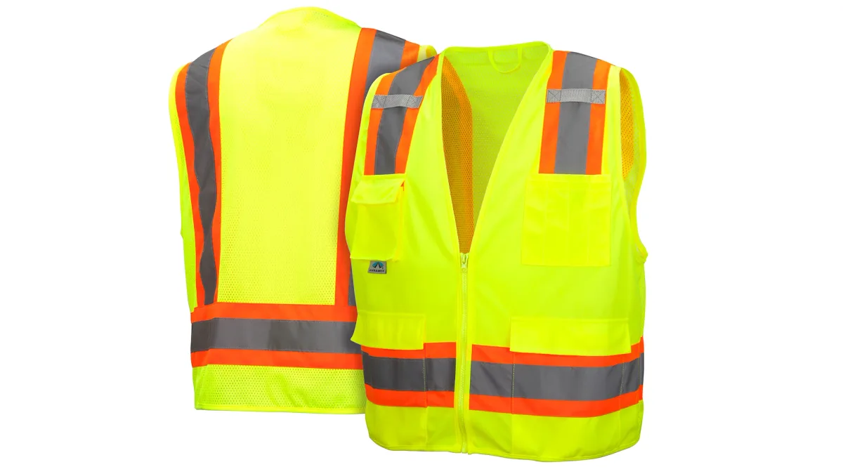 33428 PYRAMEX RVZ2410L, SAFETY VEST HI-VIS POLYESTER,SURVEY SAFETY VEST LIME GREEN W/ 2" SILVER REFLECTIVE AND ORANGE TRIM,CLASS II SIZE LG