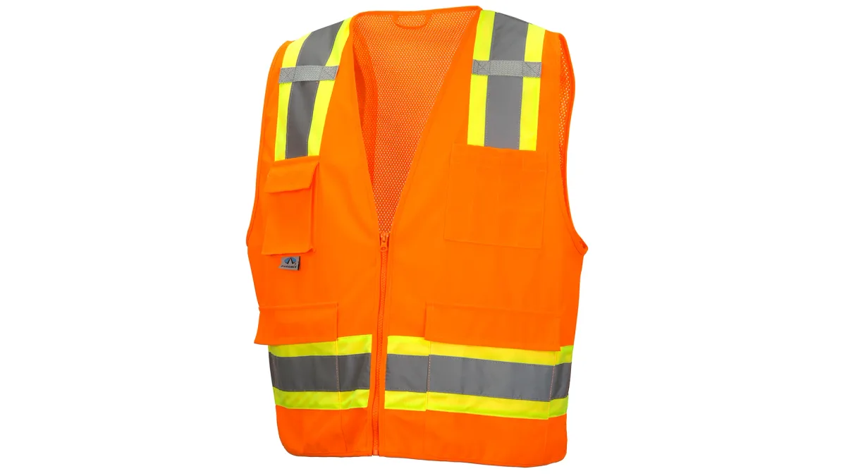33428 PYRAMEX RVZ2410L, SAFETY VEST HI-VIS POLYESTER,SURVEY SAFETY VEST LIME GREEN W/ 2" SILVER REFLECTIVE AND ORANGE TRIM,CLASS II SIZE LG, view 3