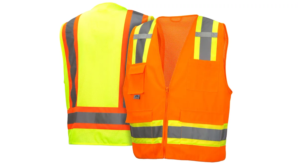 33430 PYRAMEX RVZ24102X SAFETY VEST HI-VIS POLYESTER,SURVEY SAFETY VEST LIME GREEN W/ 2" SILVER REFLECTIVE AND ORANGE TRIM,CLASS II SIZE 2X