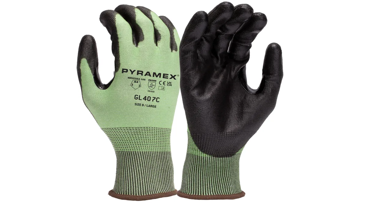 33706 PYRAMEX ANSI A4 CUT RESISTANT GLOVES, GL407C, PU DIPPED PALMS, 18G HPPE LINER W/PMXTECK FOR SUPERIOR PROTECTION,& REINFORCED THUMB SADDLES, SZ MD. SOLD BY THE DOZEN