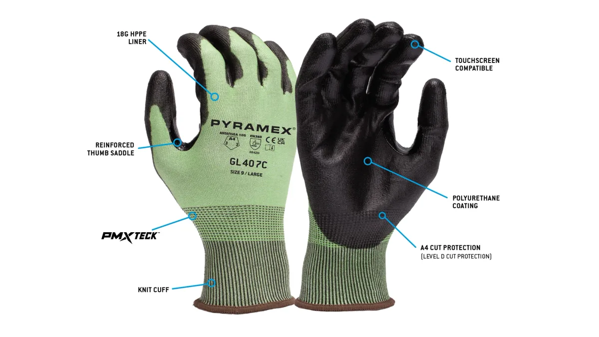 33708 PYRAMEX ANSI A4 CUT RESISTANT GLOVES, GL407C, PU DIPPED PALMS, 18G HPPE LINER W/PMXTECK FOR SUPERIOR PROTECTION,& REINFORCED THUMB SADDLES, SZ XL.SOLD BY THE DOZEN, view 2