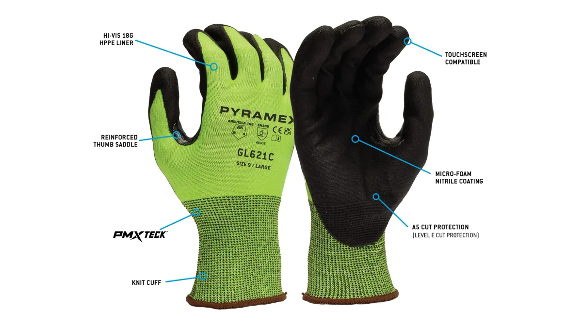 33711 PYRAMEX ANSI A5 CUT RESISTANT GLOVES, GL621C, PU DIPPED PALMS, 18G HPPE LINER W/PMXTECK FOR SUPERIOR PROTECTION,& REINFORCED THUMB SADDLES, SZ XL. SOLD BY DOZEN, view 2