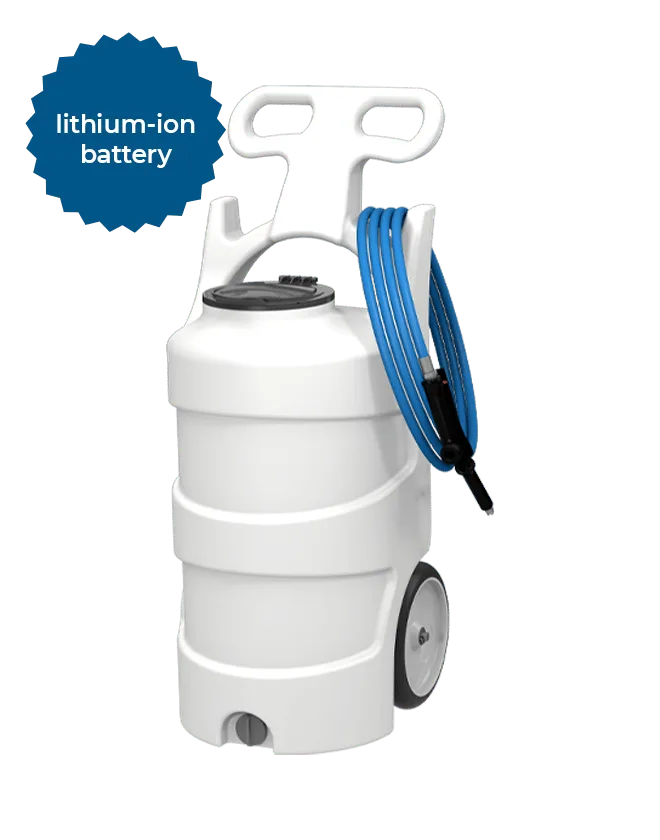 51052 10 GAL - BATTERY POWER PORTABLE FOAM - EQUIP, SERIES - SANTO - BLACK LID - 12FT OF 3/8IN BLUE HOSE - POLY SPRAY GUN WITH 4IN WAND AND MIXING MEDIA - ST8030SS SPRAY TIP - INCLUDES 24V LION BATTERY AND CHARGER, ITEM# FI-BP-10N