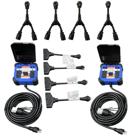 53070 GMS DUO-POWER DISTRIBUTION SYSTEM, INCLUDES 2-BLUE 20A POWER BOXES, 2-DRYER ADAPTERS, 4-RIGHT ANGLE TRIPLE POWER BLOCKS, AND CARRY CASE ITEM G20-B21