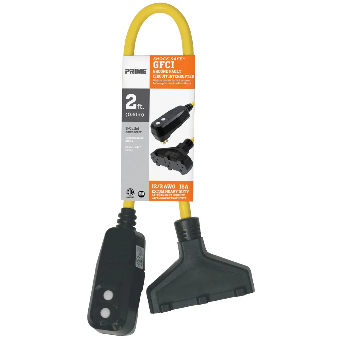 53104 12/3 YELLOW TRIPLE TAP ADAPTOR W/ GFCI PLUG AND 2' CORD