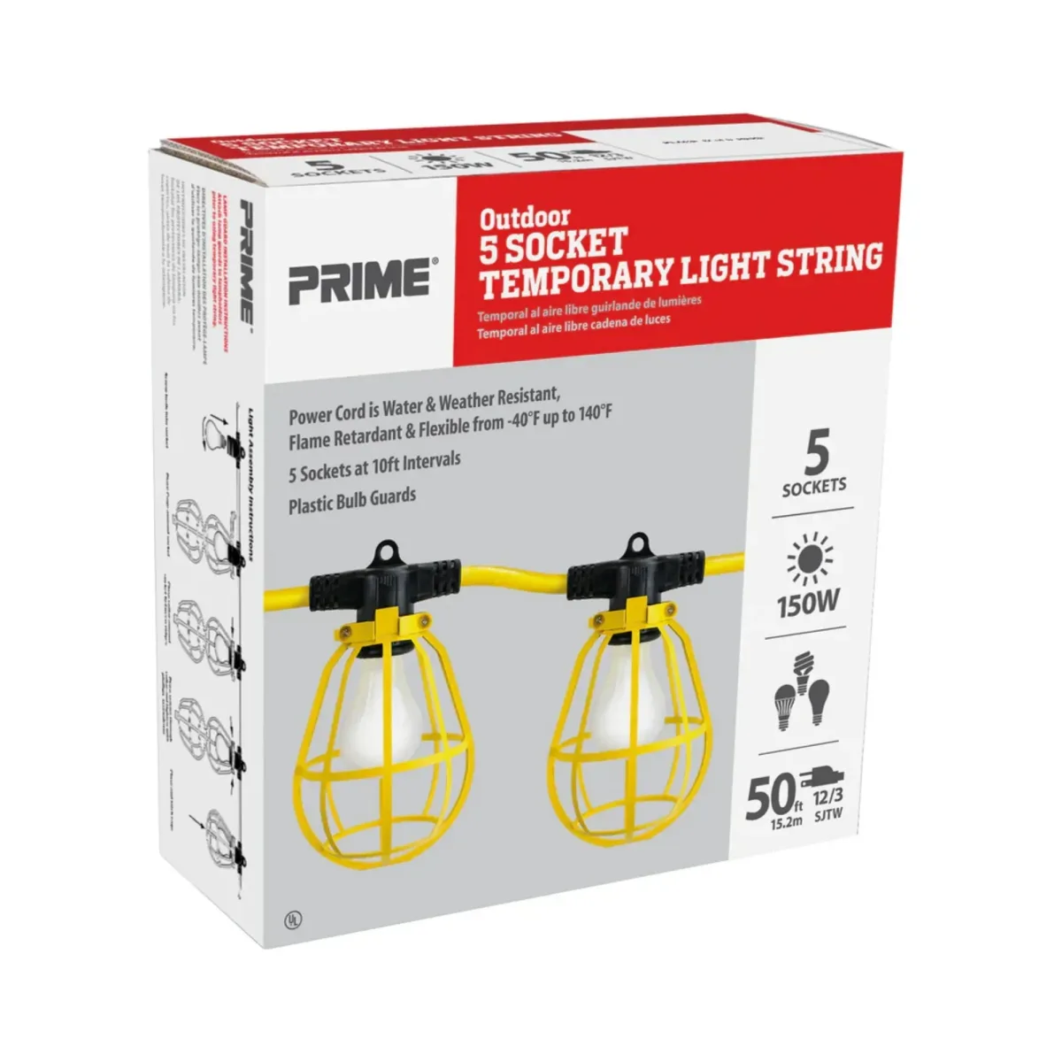 53106 STRING LIGHTS, 50', 5 LIGHT, 12/3 SJTW, PLASTIC LIGHT CAGES, ITEM# LSUG2830