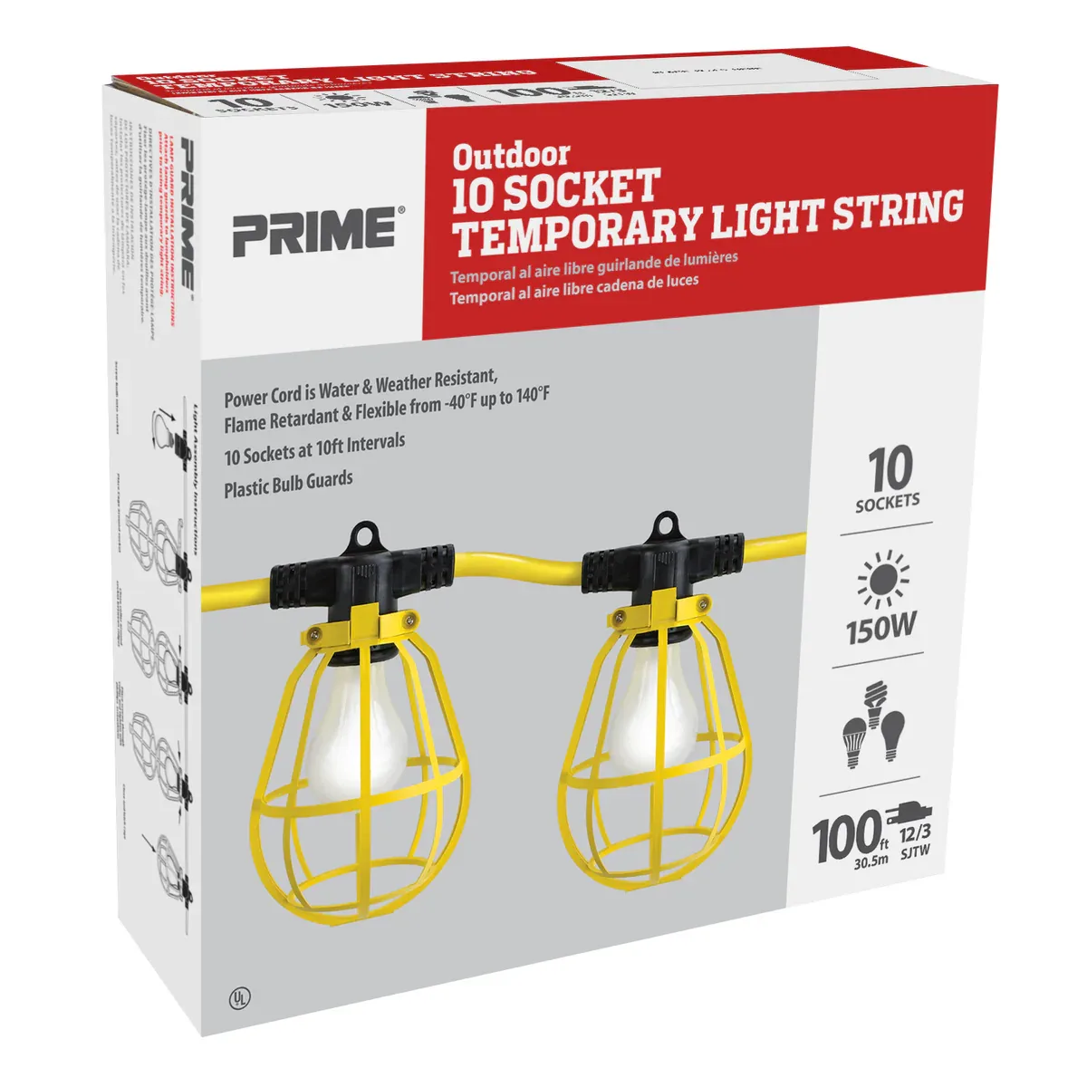 53107 STRING LIGHTS,100',10 LIGHT, 12/3 SJTW, PLASTIC LIGHT CAGES, ITEM# LSUG2835